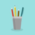 Pencil stand icon with pen and pencils in flat style. Vector illustration.